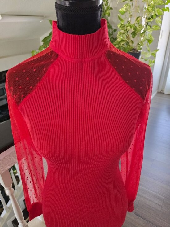 Almost Famous Dresses & Skirts - ALMOST FAMOUS  Red Ribbed Knit Turtleneck Sheer Sleeve Bodycon Dress Size S